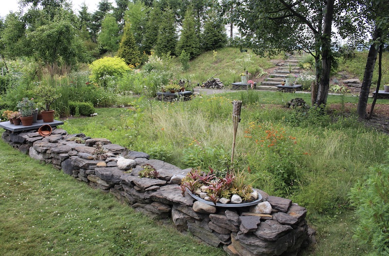 planted stone wall
